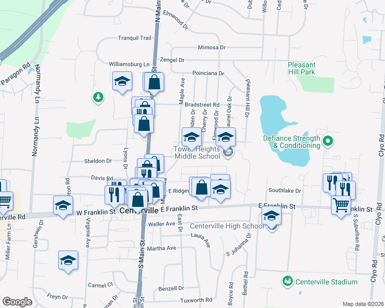 map of restaurants, bars, coffee shops, grocery stores, and more near 95 Linden Drive in Dayton