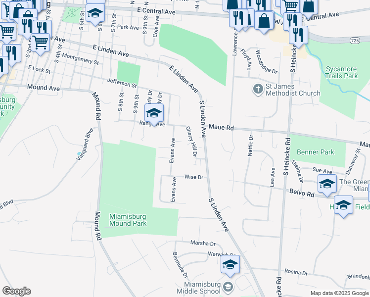 map of restaurants, bars, coffee shops, grocery stores, and more near 549 Cherry Stone Court in Miamisburg