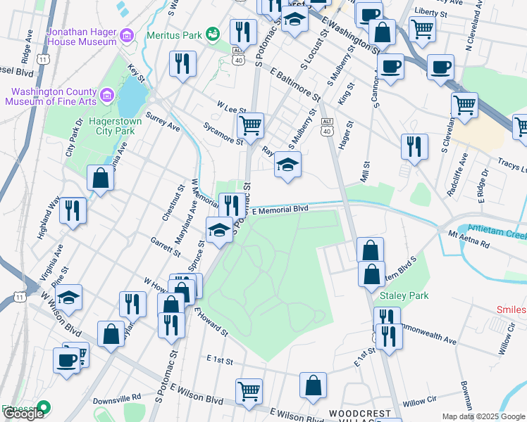 map of restaurants, bars, coffee shops, grocery stores, and more near 30 East Memorial Boulevard in Hagerstown