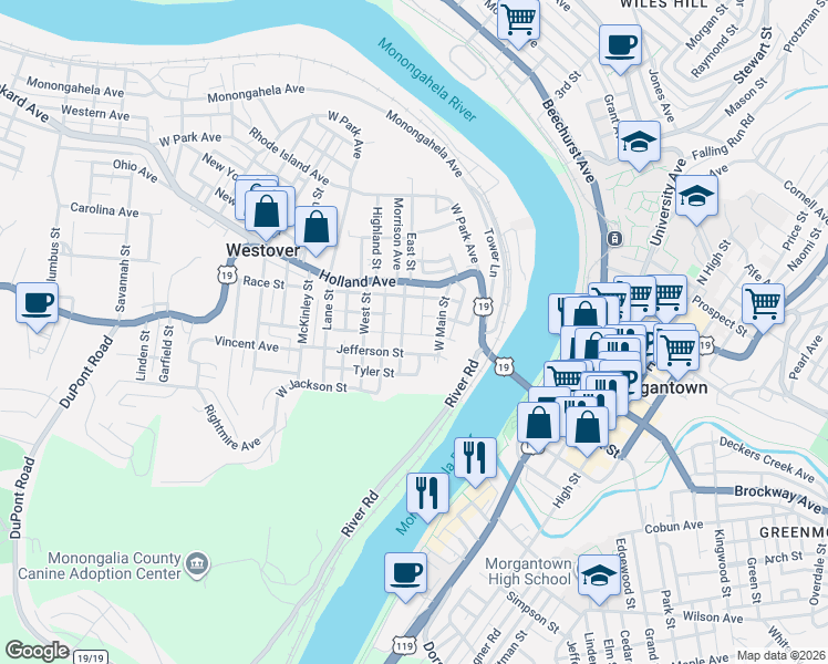 map of restaurants, bars, coffee shops, grocery stores, and more near 32 Jefferson Street in Westover
