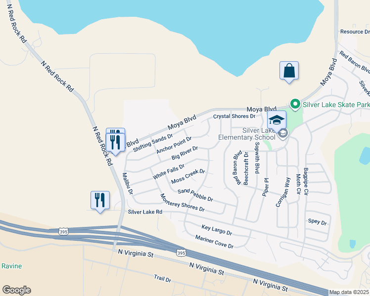 map of restaurants, bars, coffee shops, grocery stores, and more near 8011 Big River Drive in Reno