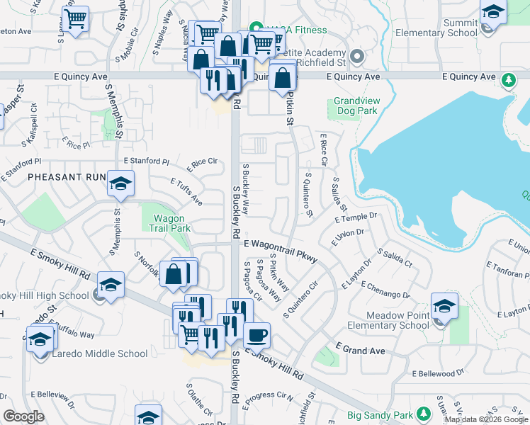 map of restaurants, bars, coffee shops, grocery stores, and more near 4740 South Buckley Road in Aurora