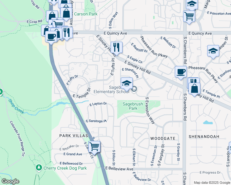 map of restaurants, bars, coffee shops, grocery stores, and more near 4696 South Dillon Court in Aurora