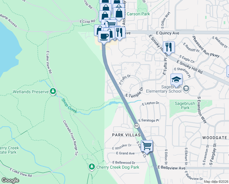 map of restaurants, bars, coffee shops, grocery stores, and more near 4658 South Abilene Circle in Aurora