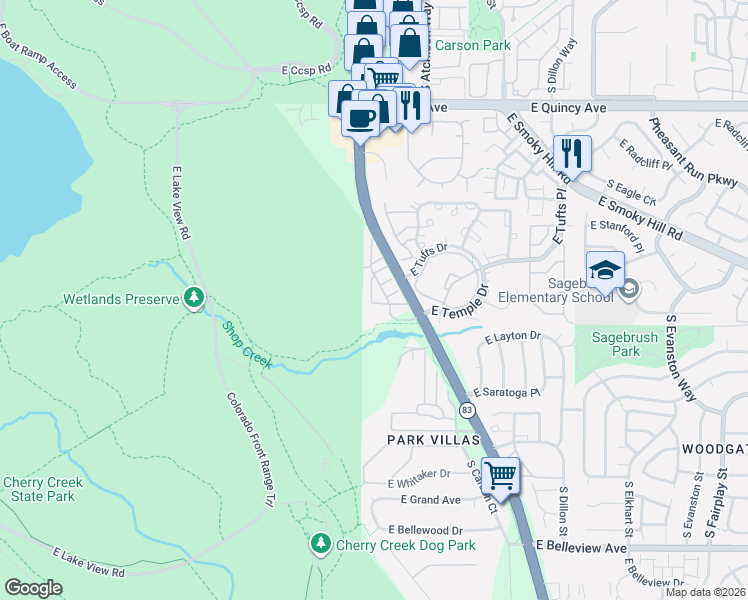 map of restaurants, bars, coffee shops, grocery stores, and more near 4695 South Parker Road in Aurora