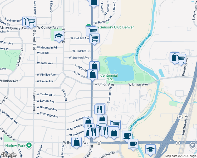 map of restaurants, bars, coffee shops, grocery stores, and more near 2966 West Union Avenue in Englewood