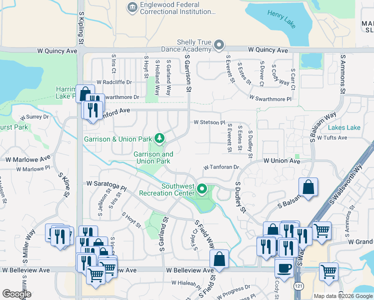 map of restaurants, bars, coffee shops, grocery stores, and more near 4743 South Gar Way in Denver