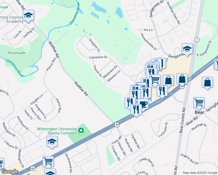 map of restaurants, bars, coffee shops, grocery stores, and more near 104 Rosemary Court in Bear