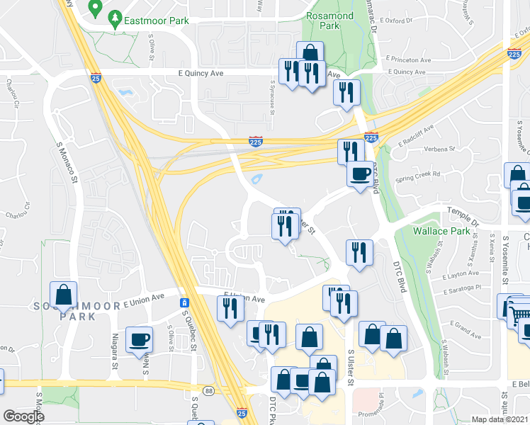 map of restaurants, bars, coffee shops, grocery stores, and more near 7604 Technology Way in Denver