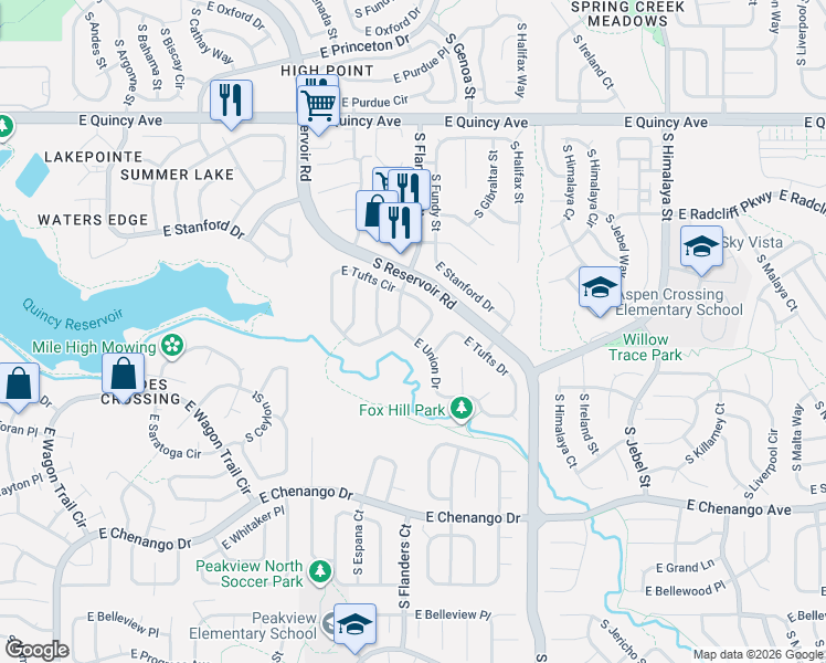map of restaurants, bars, coffee shops, grocery stores, and more near 19692 East Union Drive in Centennial