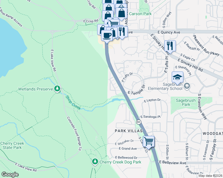 map of restaurants, bars, coffee shops, grocery stores, and more near 4658 South Abilene Circle in Aurora
