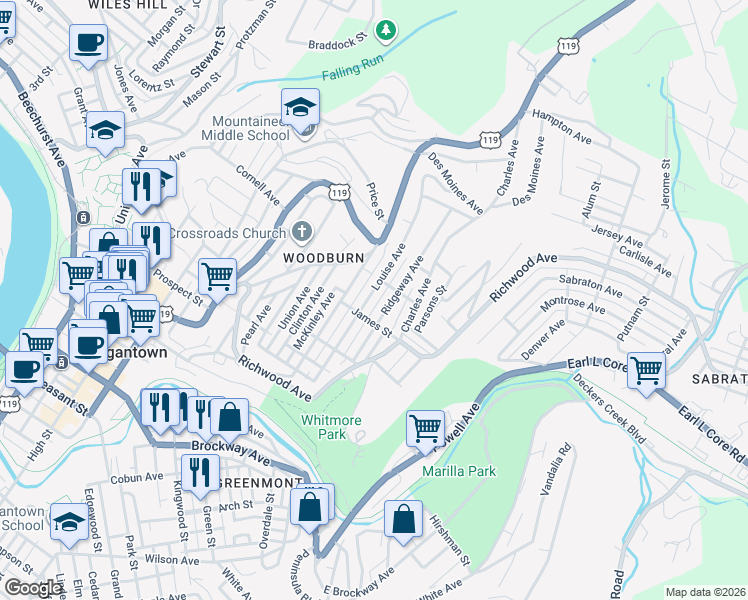map of restaurants, bars, coffee shops, grocery stores, and more near 820 Louise Avenue in Morgantown