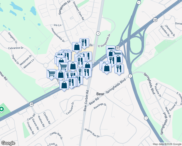 map of restaurants, bars, coffee shops, grocery stores, and more near 1100 Pulaski Highway in Bear