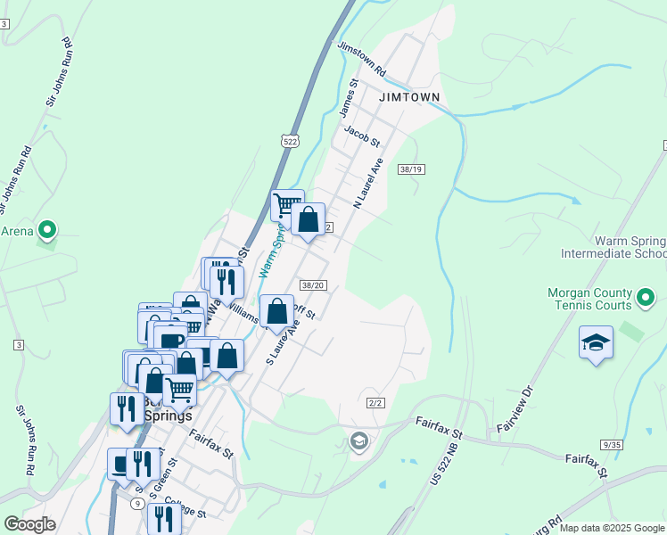 map of restaurants, bars, coffee shops, grocery stores, and more near 9 South Laurel Avenue in Berkeley Springs