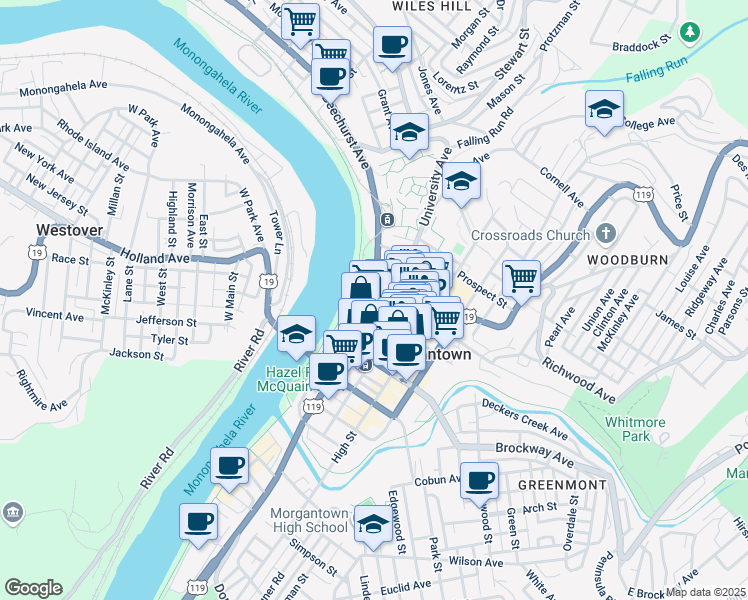 map of restaurants, bars, coffee shops, grocery stores, and more near 15 Beechurst Avenue in Morgantown