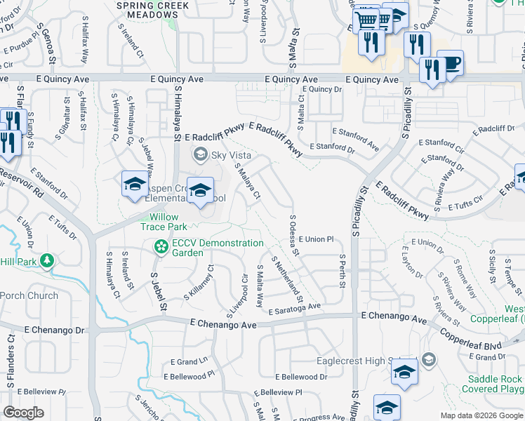 map of restaurants, bars, coffee shops, grocery stores, and more near 4675 South Malaya Court in Aurora