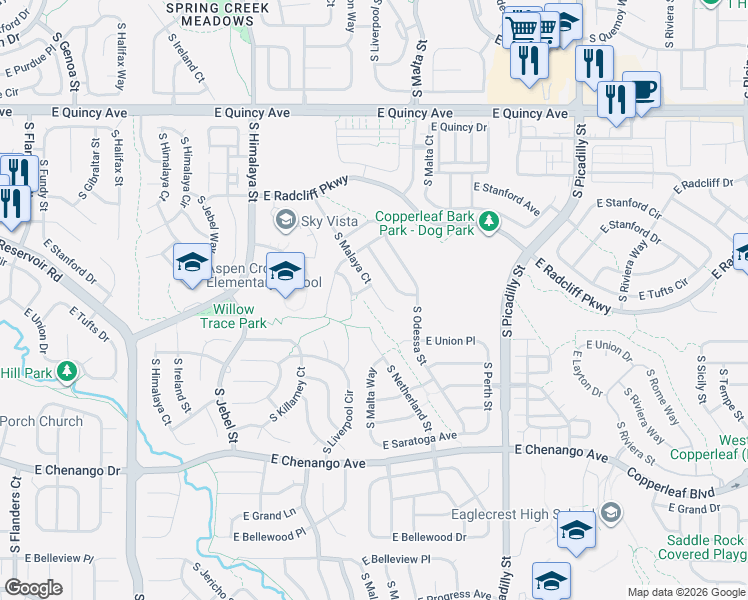 map of restaurants, bars, coffee shops, grocery stores, and more near 4675 South Malaya Court in Aurora