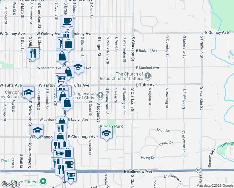 map of restaurants, bars, coffee shops, grocery stores, and more near 601 East Union Avenue in Englewood