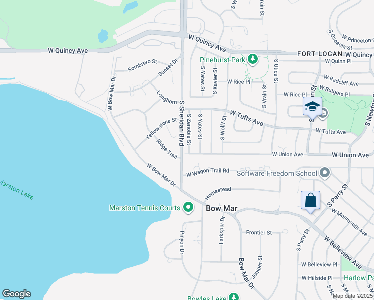 map of restaurants, bars, coffee shops, grocery stores, and more near 5052 West Union Avenue in Denver