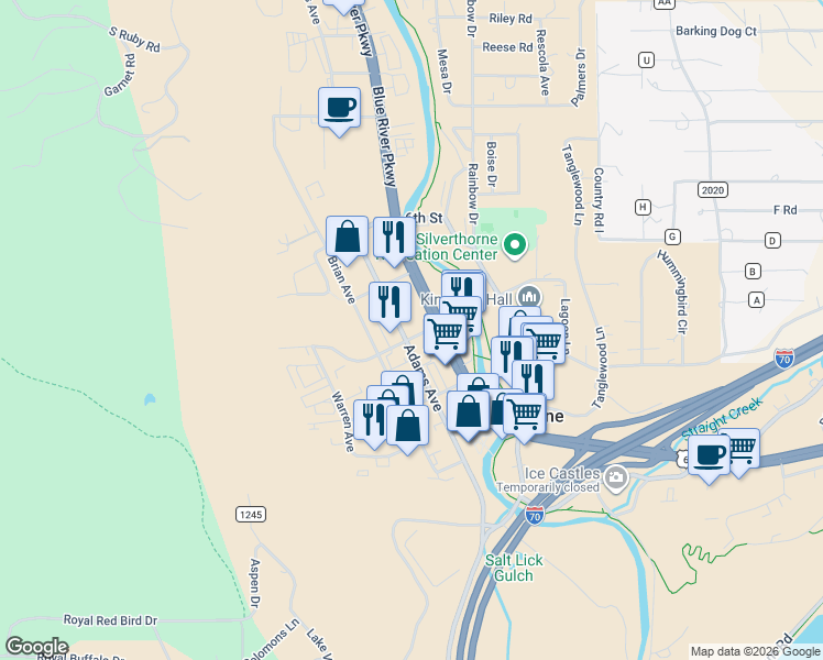 map of restaurants, bars, coffee shops, grocery stores, and more near 381 Adams Avenue in Silverthorne