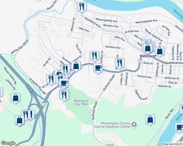 map of restaurants, bars, coffee shops, grocery stores, and more near 199 Falling Leaf Lane in Morgantown