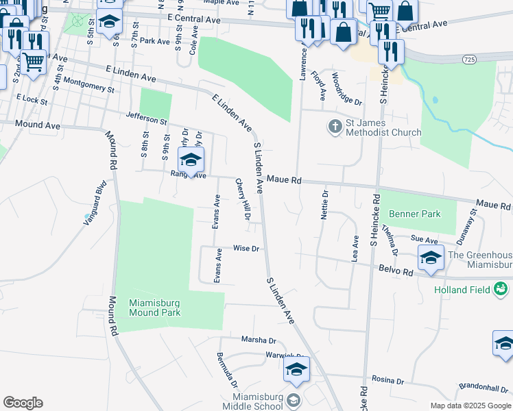 map of restaurants, bars, coffee shops, grocery stores, and more near 1331 Cherry Hill Drive in Miamisburg