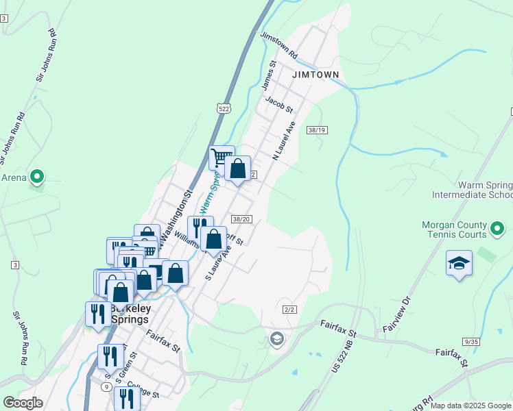 map of restaurants, bars, coffee shops, grocery stores, and more near 9 South Laurel Avenue in Berkeley Springs