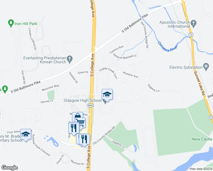 map of restaurants, bars, coffee shops, grocery stores, and more near 406 Cobble Creek Curve in Newark