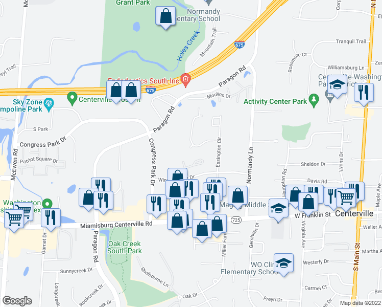 map of restaurants, bars, coffee shops, grocery stores, and more near 7812 Port Circle in Dayton