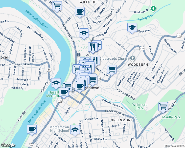 map of restaurants, bars, coffee shops, grocery stores, and more near 208 Prospect Street in Morgantown