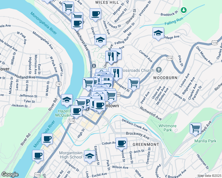 map of restaurants, bars, coffee shops, grocery stores, and more near 208 Prospect Street in Morgantown