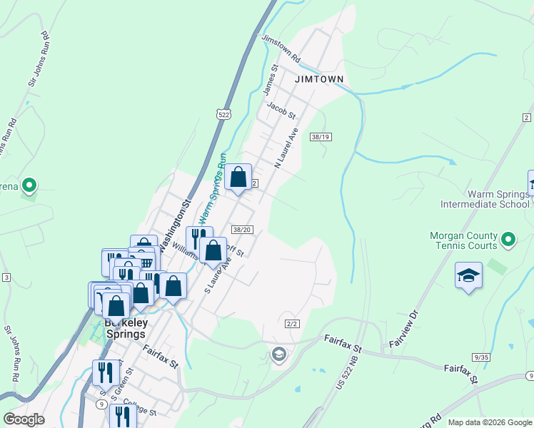 map of restaurants, bars, coffee shops, grocery stores, and more near 25 Hudson Street in Berkeley Springs