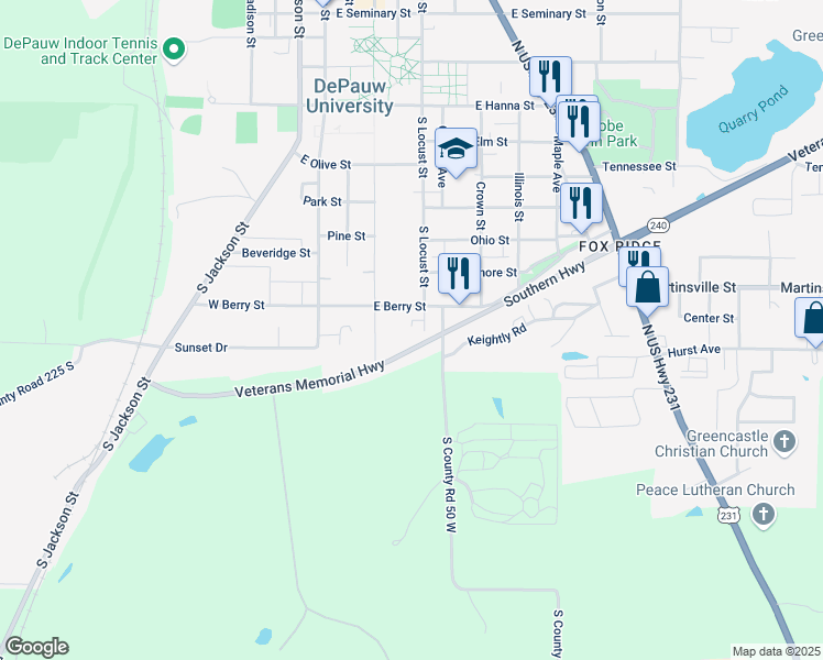 map of restaurants, bars, coffee shops, grocery stores, and more near 1108 South Locust Street in Greencastle
