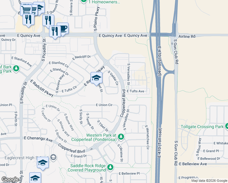 map of restaurants, bars, coffee shops, grocery stores, and more near 22647 East Tufts Avenue in Aurora