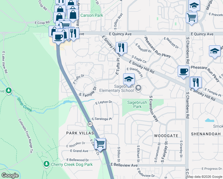 map of restaurants, bars, coffee shops, grocery stores, and more near 4624 South Crystal Way in Aurora