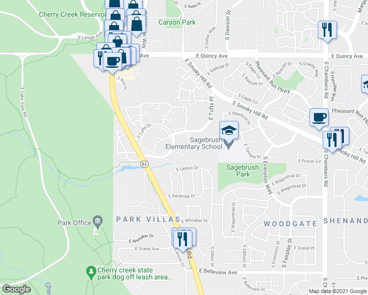 map of restaurants, bars, coffee shops, grocery stores, and more near 14190 East Temple Drive in Aurora