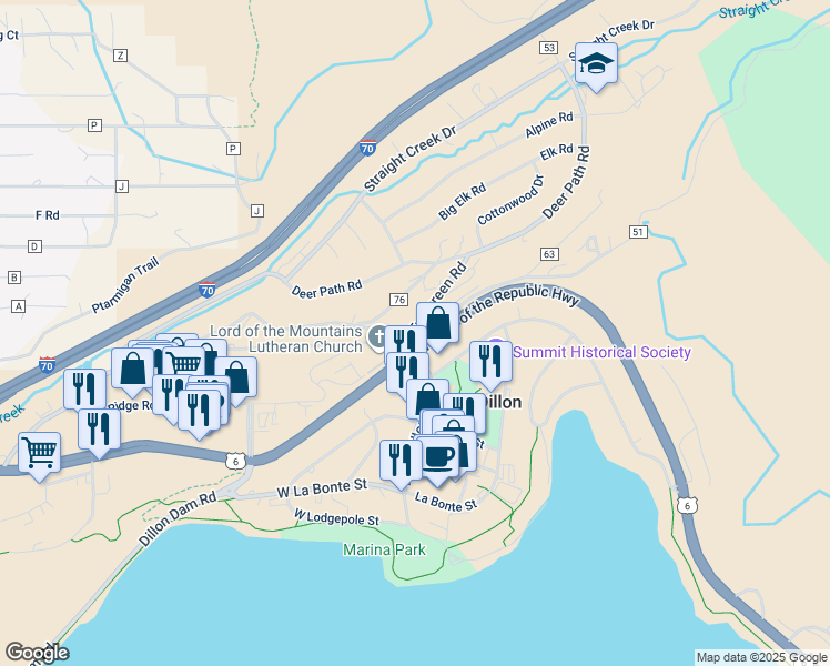 map of restaurants, bars, coffee shops, grocery stores, and more near 128 County Road 76 in Dillon