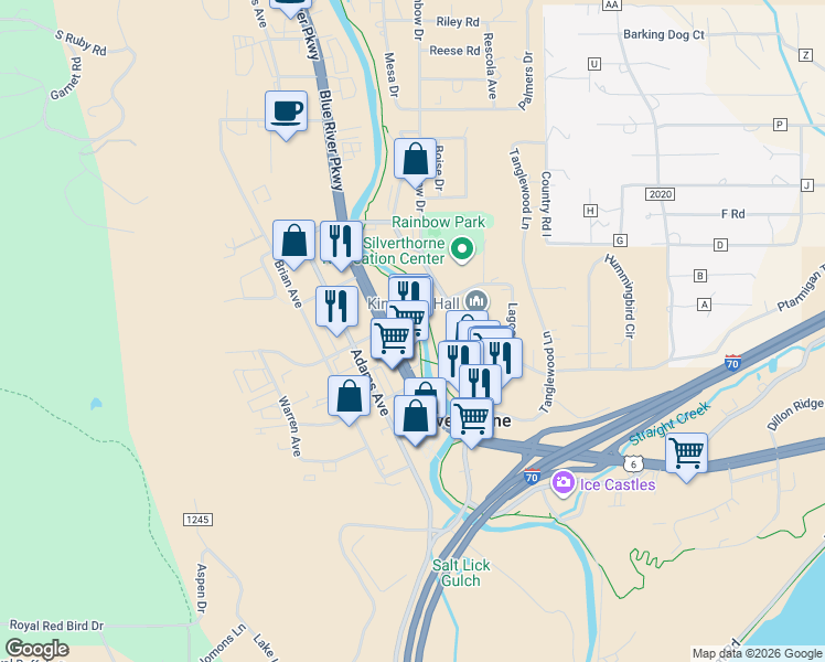 map of restaurants, bars, coffee shops, grocery stores, and more near 400 Blue River Parkway in Silverthorne