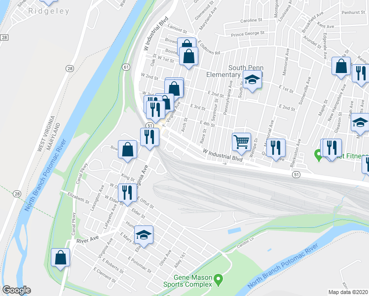 map of restaurants, bars, coffee shops, grocery stores, and more near 435 Grand Avenue in Cumberland