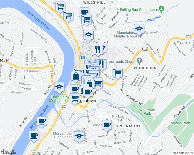 map of restaurants, bars, coffee shops, grocery stores, and more near 135 Willey Street in Morgantown