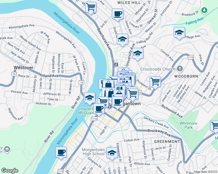 map of restaurants, bars, coffee shops, grocery stores, and more near 29 Beechurst Avenue in Morgantown
