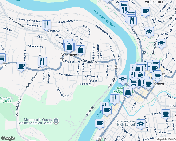 map of restaurants, bars, coffee shops, grocery stores, and more near 5 Sycamore Street in Westover