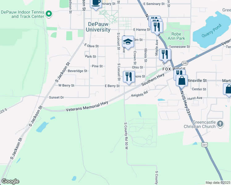 map of restaurants, bars, coffee shops, grocery stores, and more near 1108 South Locust Street in Greencastle