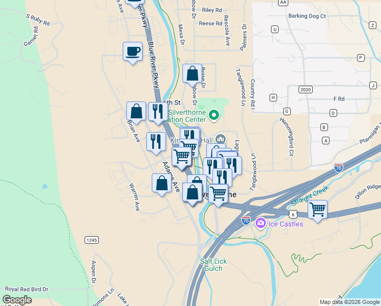 map of restaurants, bars, coffee shops, grocery stores, and more near 400 Blue River Parkway in Silverthorne