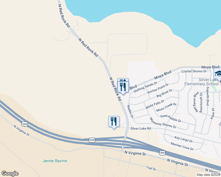 map of restaurants, bars, coffee shops, grocery stores, and more near 9050 North Red Rock Road in Reno