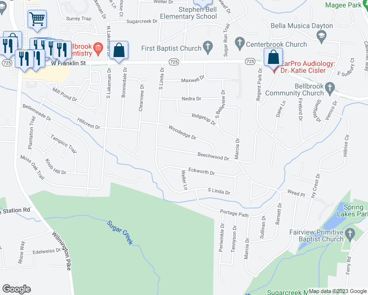 map of restaurants, bars, coffee shops, grocery stores, and more near 4140 Beechwood Drive in Bellbrook