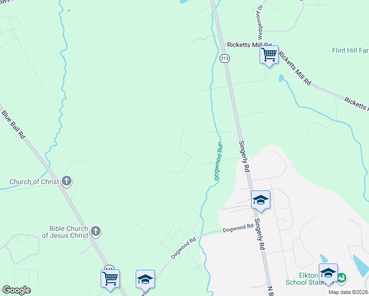 map of restaurants, bars, coffee shops, grocery stores, and more near 154 Carriage Lane in Elkton