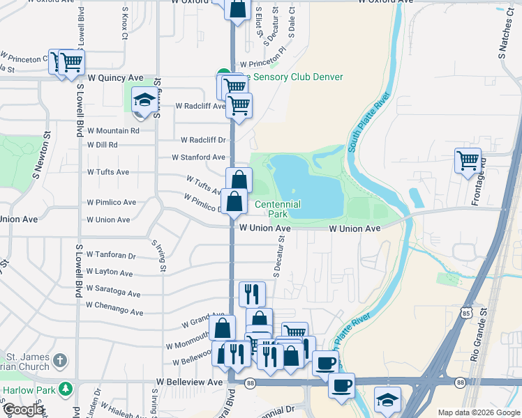 map of restaurants, bars, coffee shops, grocery stores, and more near 4671 South Decatur Street in Englewood