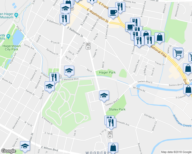 map of restaurants, bars, coffee shops, grocery stores, and more near 486 Frederick Street in Hagerstown