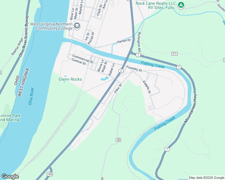 map of restaurants, bars, coffee shops, grocery stores, and more near 227 Vine Street in New Martinsville